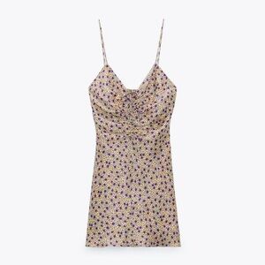 Zara Purple and Yellow Floral Satin Mini Dress with adjustable straps, Small